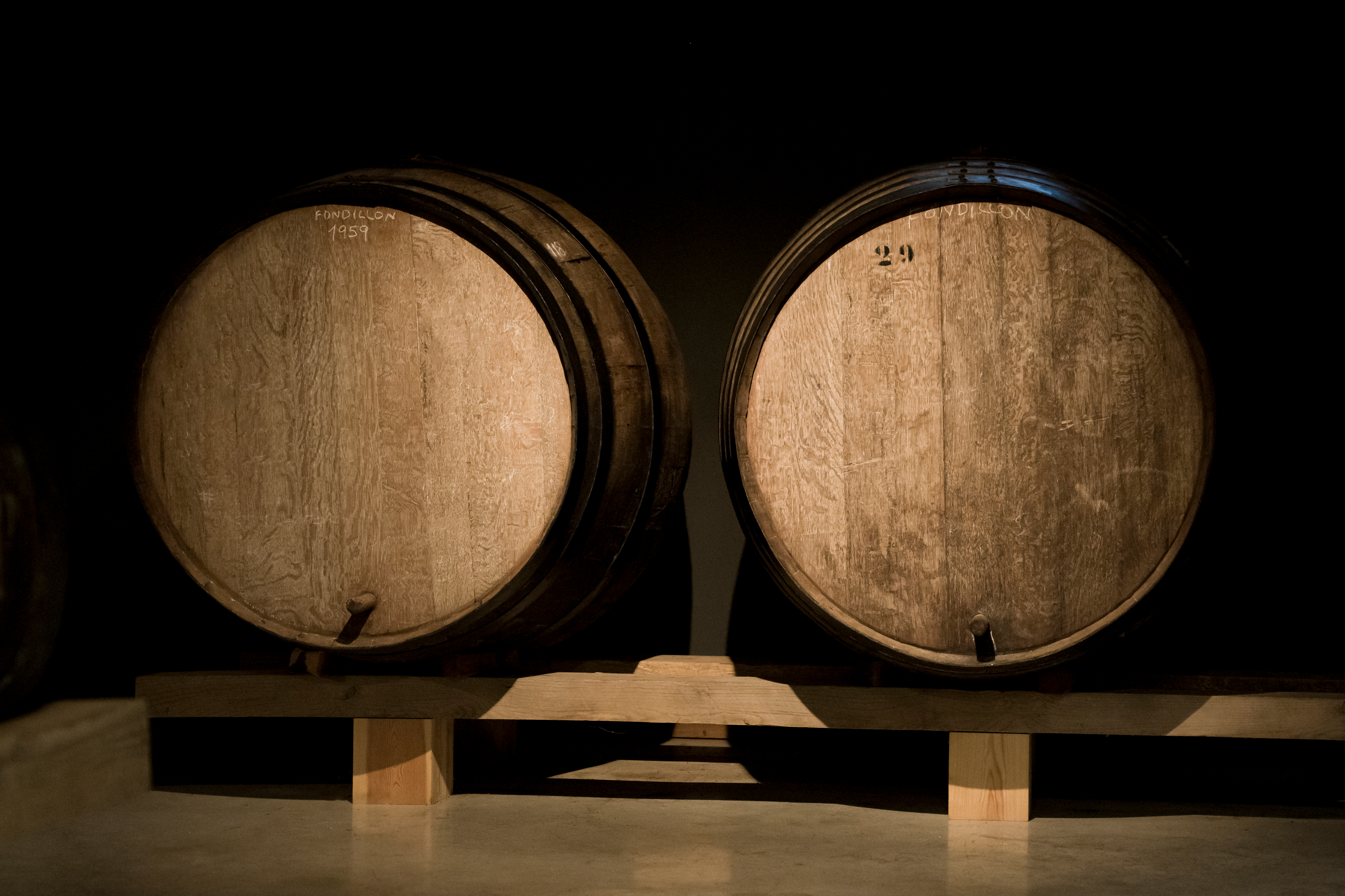 Oak barrels in the Marniskari wine cellar